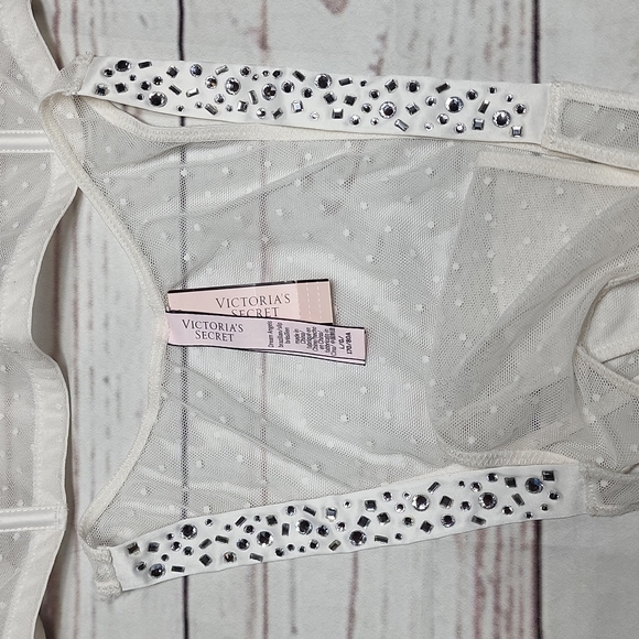 SET VICTORIA Secret White Sheer Bling Bow Lace Dots Dream Angels Corset 36 DD - Picture 10 of 14